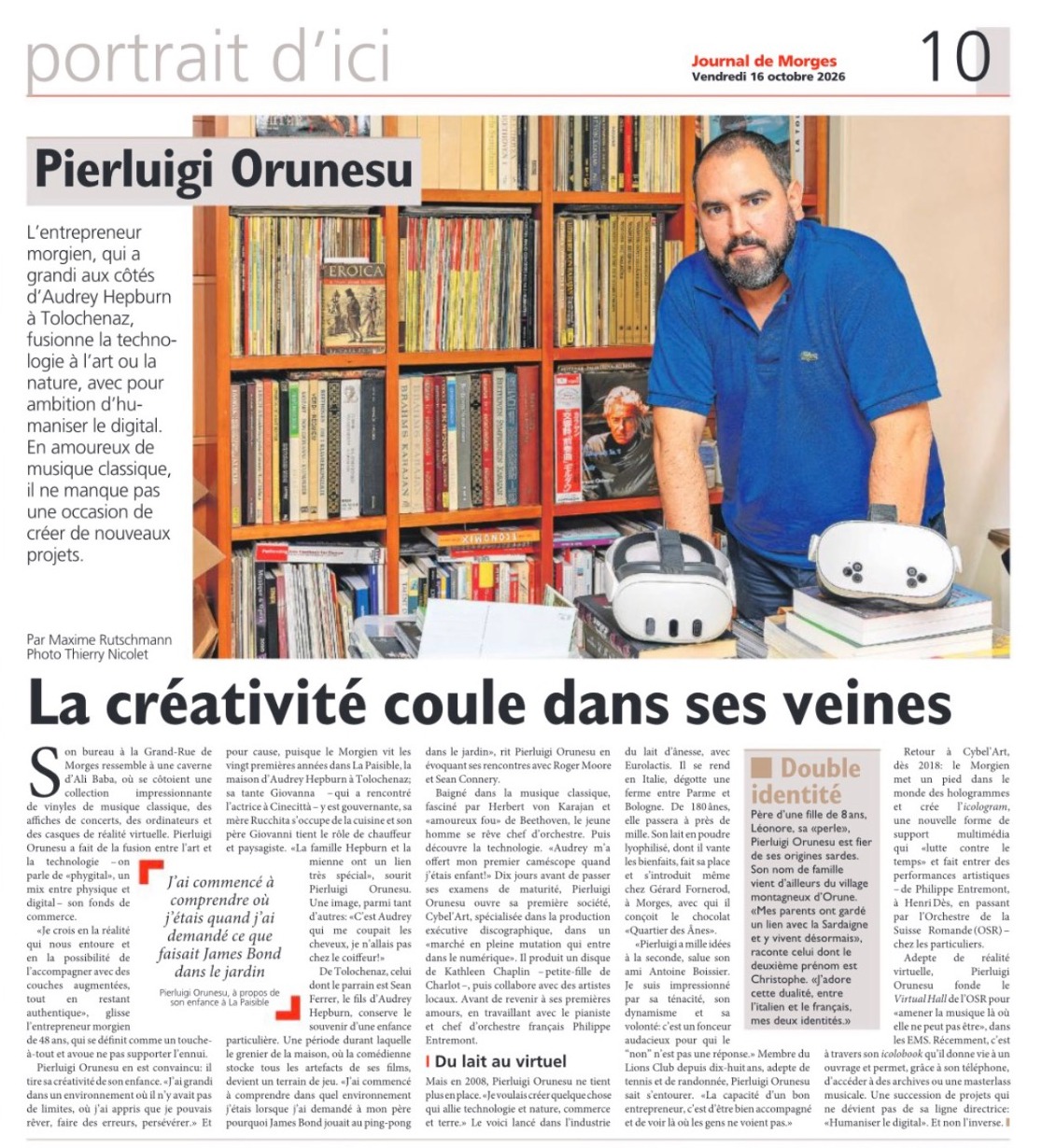Page 10 du Journal de Morges du 16 octobre 2026 : portrait de Pierluigi Orunesu intitulé « La créativité coule dans ses veines »